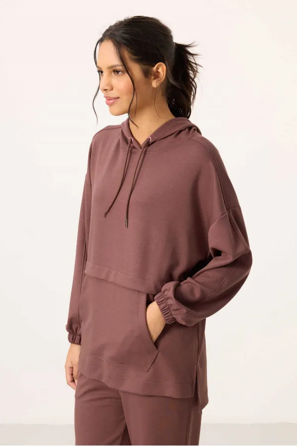 Ensemble tunique de survêtement à capuche oversize pour femme Tommylife, texture douce, vente en gros - 95348 Marron