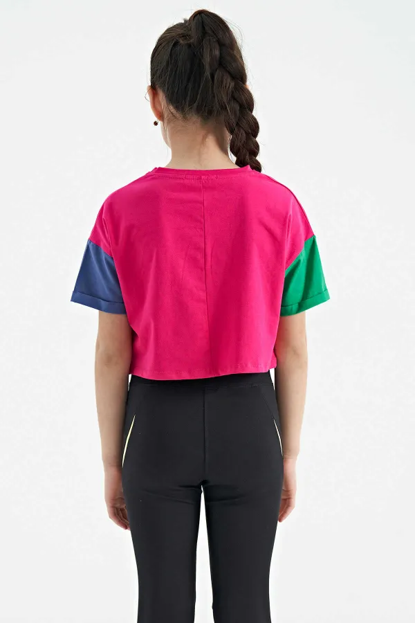 Tommylife Wholesale Fuchsia Printed Crew Neck Dropped Shoulder Oversize Girls' T-Shirt - 75130