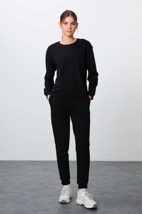 Tommylife Toptan Oversize O Yaka Jogger Kadın Eşofman Takımı 95341 Siyah