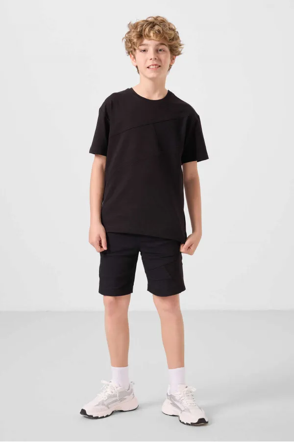 Ensemble short chino garçon Tommylife Wholesale en coton léger et extensible, coupe oversize, noir, réf. 11275