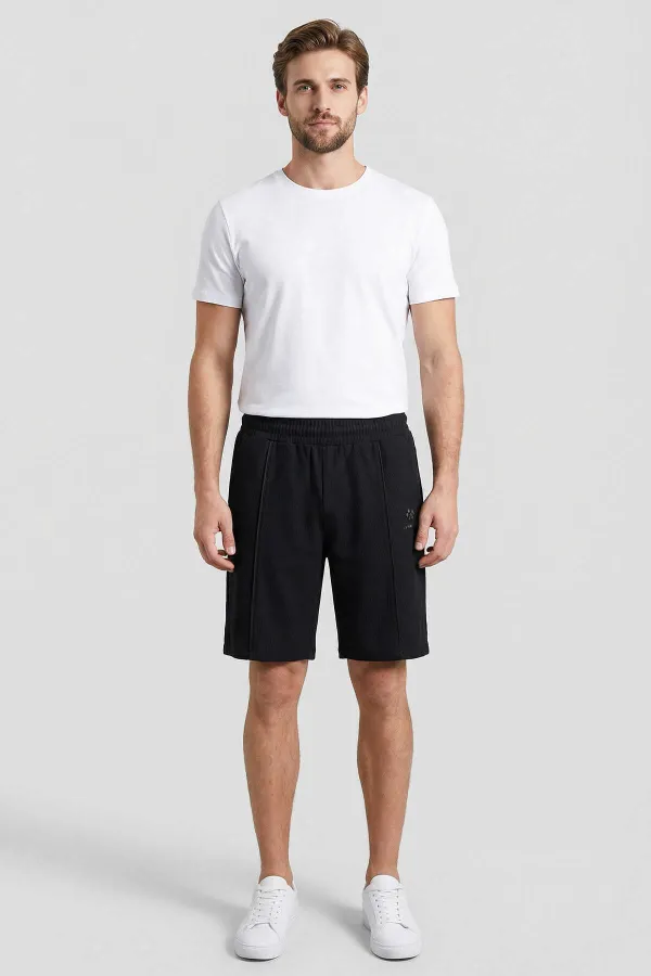 Tommylife Toptan Siyah Oversize Fit Basic Ön Dikiş Detaylı Erkek Şort - 81283