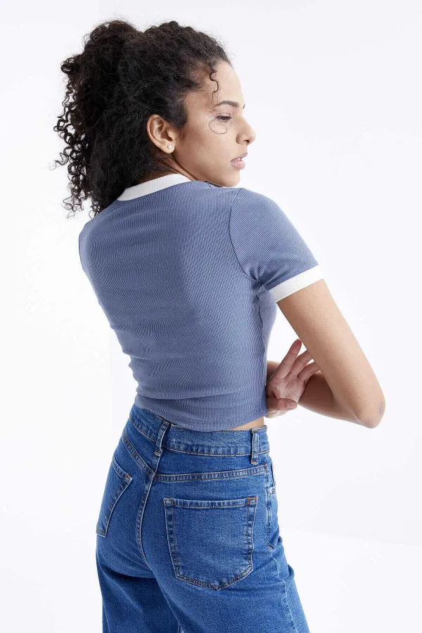 Tommylife Wholesale Petrol Basic Sleeve Detail Crew Neck Women's Crop Top T-Shirt - 97200