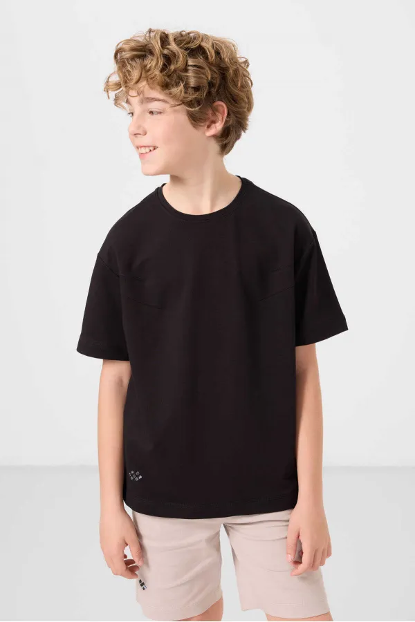 Ensemble short chino garçon Tommylife en coton tissé léger et extensible, coupe oversize, couleur noir et pierre, réf. 11277