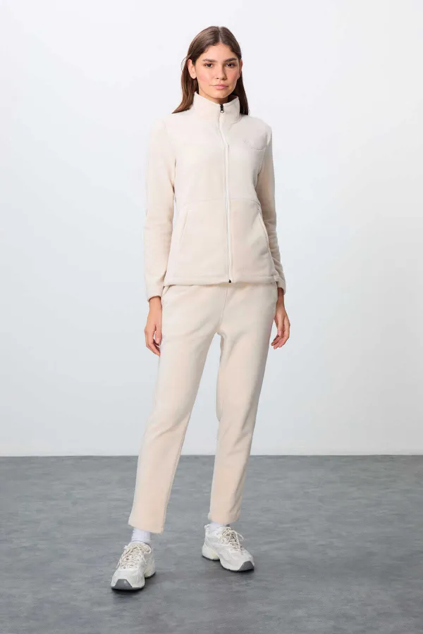 Ensemble de survêtement en polaire Tommylife Wholesale pour femme, coupe classique, col montant, taille oversize, beige, référence 95339