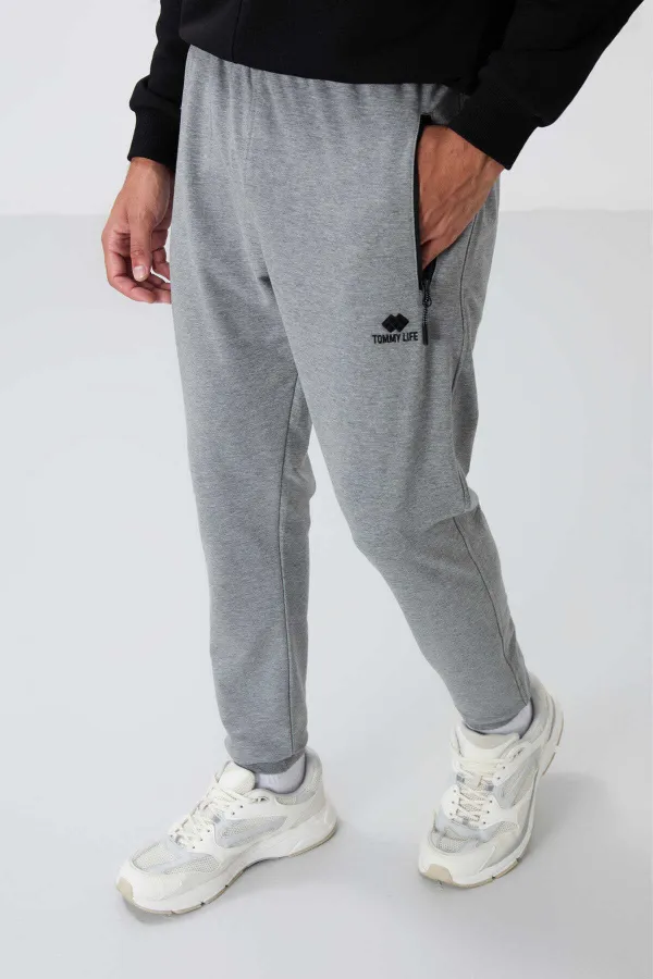 Tommylife Toptan Gri Melanj Fermuar Cepli Standart Kalıp Jogger Erkek Eşofman Alt - 84651
