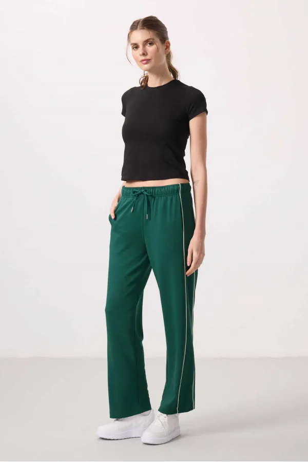 Tommylife Toptan Yumuşak Dokulu Yan Panel Detaylı Geniş Paça Kadın Palazzo Pantolon - 94669 Yeşil