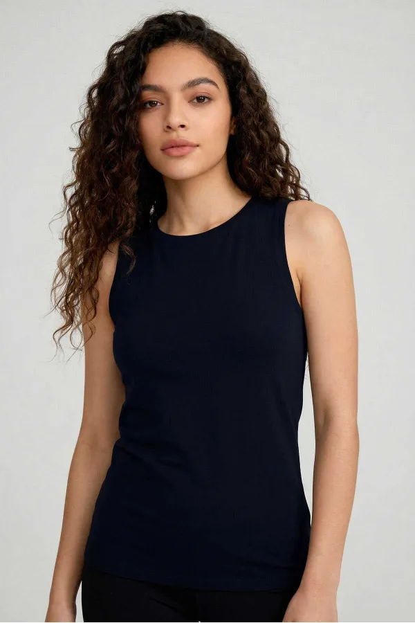 Tommylife Toptan Lacivert Slim Fit Basic O Yaka Sıfır Kol Kadın Atlet - 97313