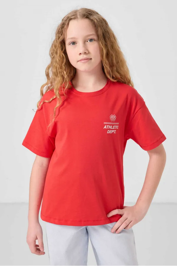 Tommylife Toptan Pamuklu O Yaka Oversize Fit Basic Kız Çocuk T Shirt 75178 Fiesta