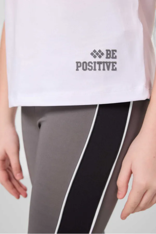 Tommylife Toptan O Yaka Yan Şerit Detaylı Standart Fit Performans Kız Çocuk Tayt Takım 75191 Beyaz Koyu Gri