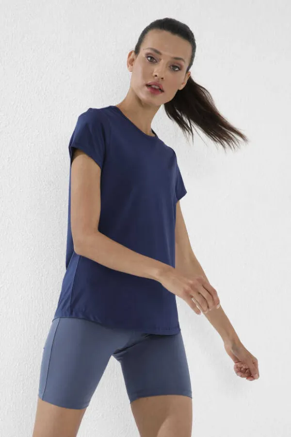 Tommylife Toptan İndigo Basic Kısa Kol Standart Kalıp O Yaka Kadın T-Shirt - 97144