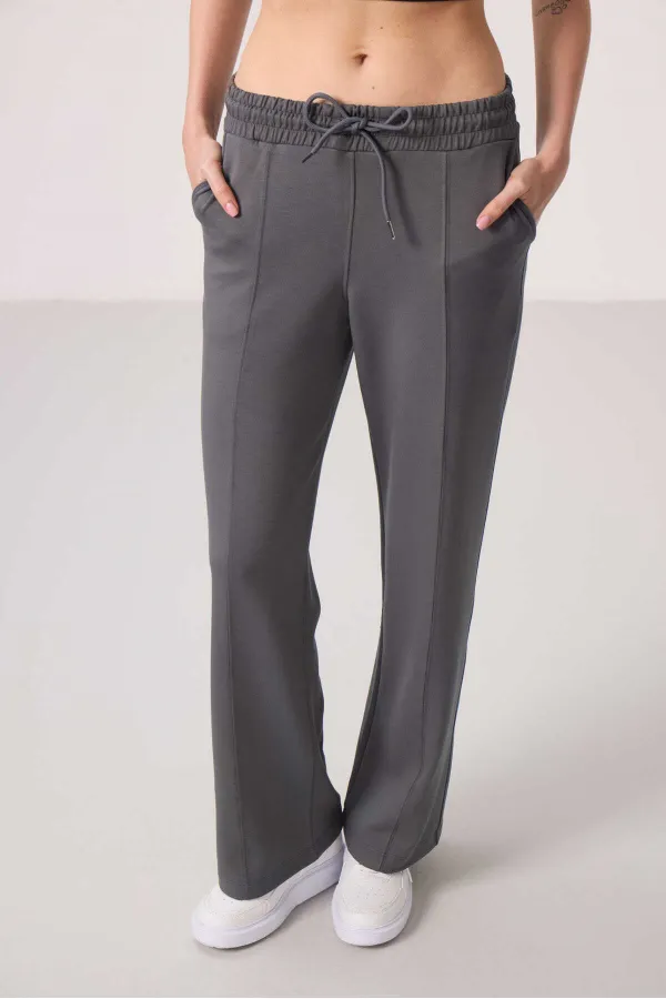 Tommylife Toptan Yumuşak Dokulu Cepli Ön Dikiş Detaylı Kadın Palazzo Pantolon - 94670 Koyu Gri