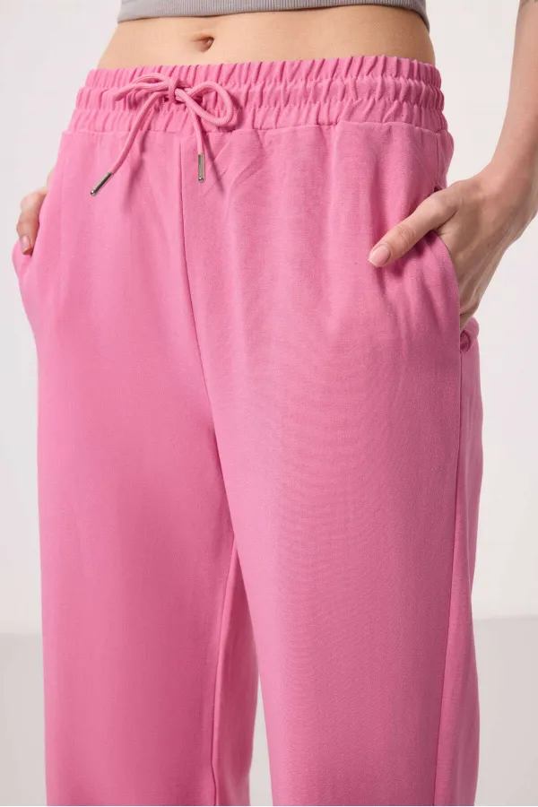 Tommylife Toptan Keten Geniş Paça Rahat Form Kadın Palazzo Pantolon - 94675 Fuşya
