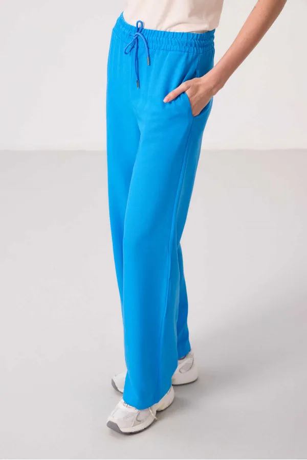 Tommylife Toptan Keten Geniş Paça Rahat Form Kadın Palazzo Pantolon - 94675 Mavi