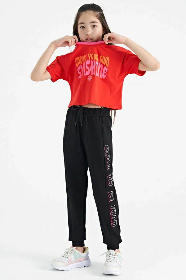 Tommylife Toptan Fiesta Renkli Yazı Baskılı O Yaka Oversize  Kısa Kollu Kız Çocuk T-Shirt - 75111