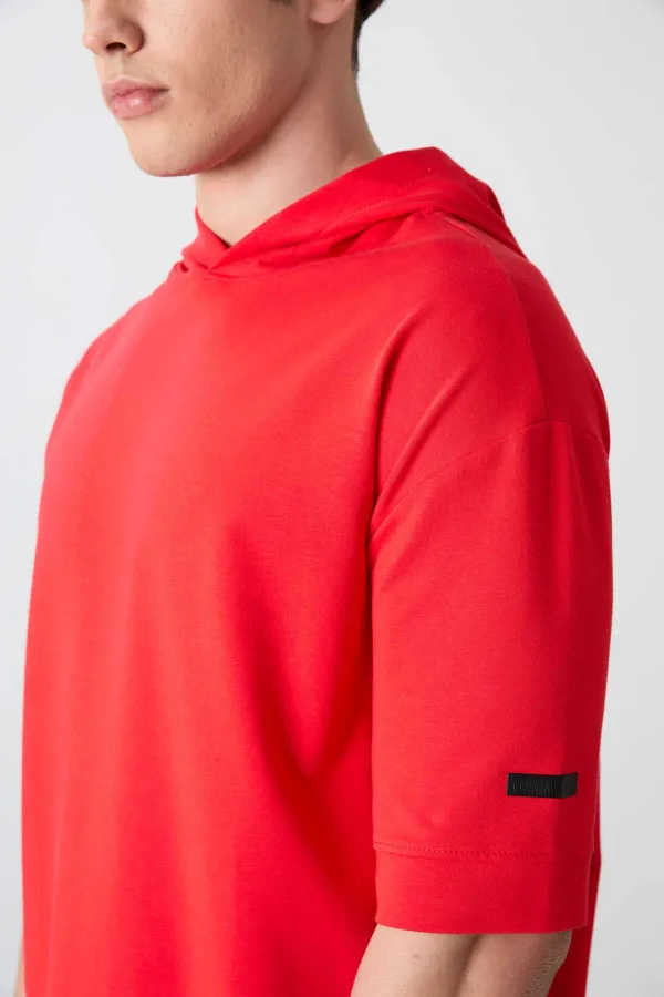 Tommylife Wholesale Hooded Oversize Basic Men's T-Shirt 88352 Fiesta