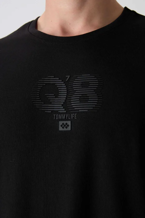 Tommylife Toptan O Yaka Oversize Baskılı Erkek T-Shirt 88333 Siyah