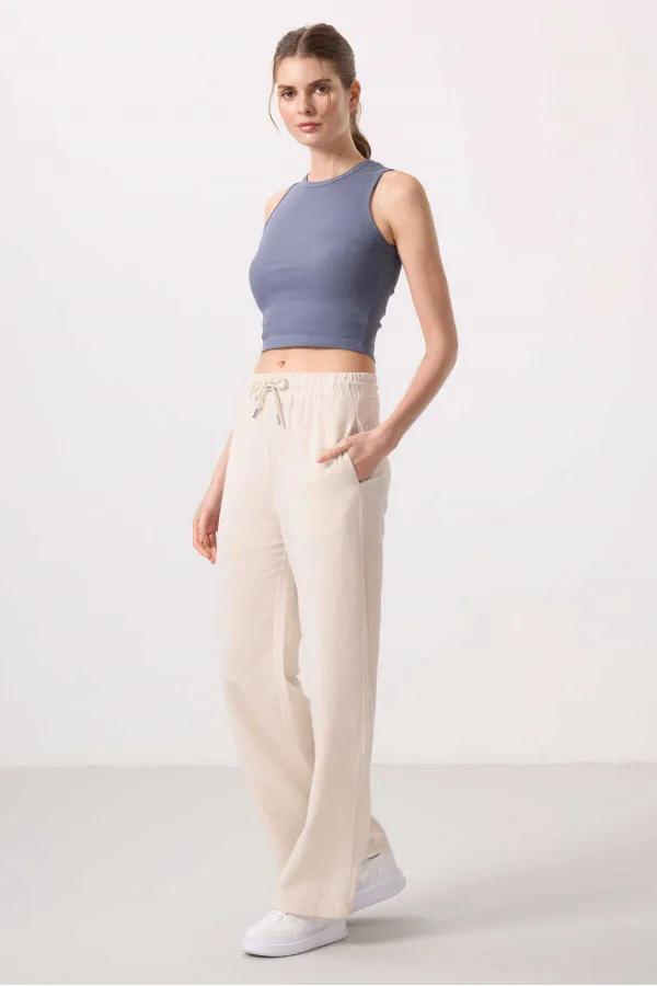 Tommylife Toptan Keten Geniş Paça Rahat Form Kadın Palazzo Pantolon - 94675 Natür