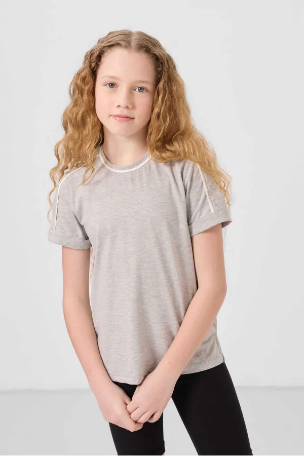 Tommylife Toptan Pamuklu O Yaka Oversize Fit Baskılı Kız Çocuk T Shirt 75177 Gri Melanj