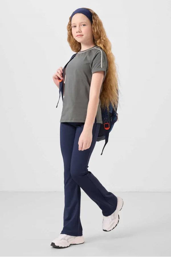 Tommylife Toptan Pamuklu O Yaka Oversize Fit Baskılı Kız Çocuk T Shirt 75177 Haki