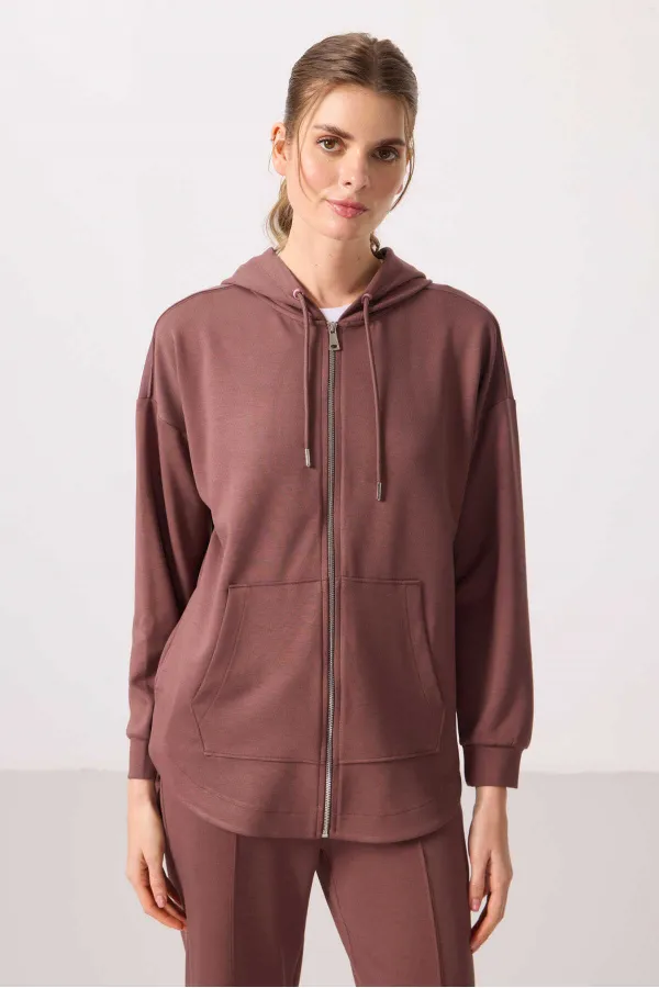 Tommylife Wholesale Soft Texture Hooded Oversize Women's Tunic Sweatshirt - 97302 Brown