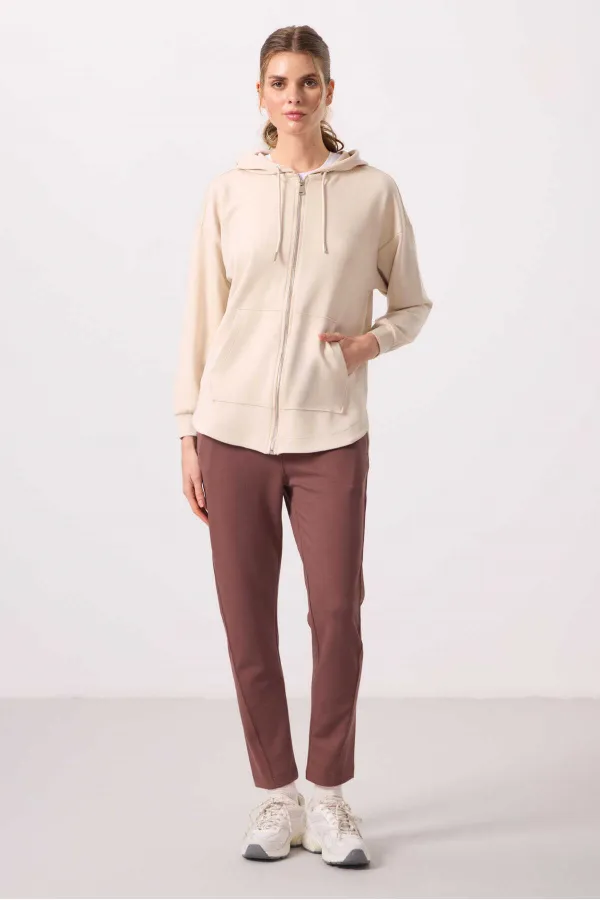 Tommylife Wholesale Soft Texture Hooded Oversize Women's Tunic Sweatshirt - 97302 Beige