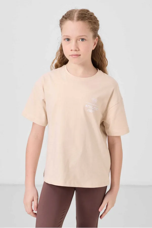 Tommylife Wholesale Cotton Crew Neck Oversize Fit Basic Girls' T-Shirt 75178 Beige