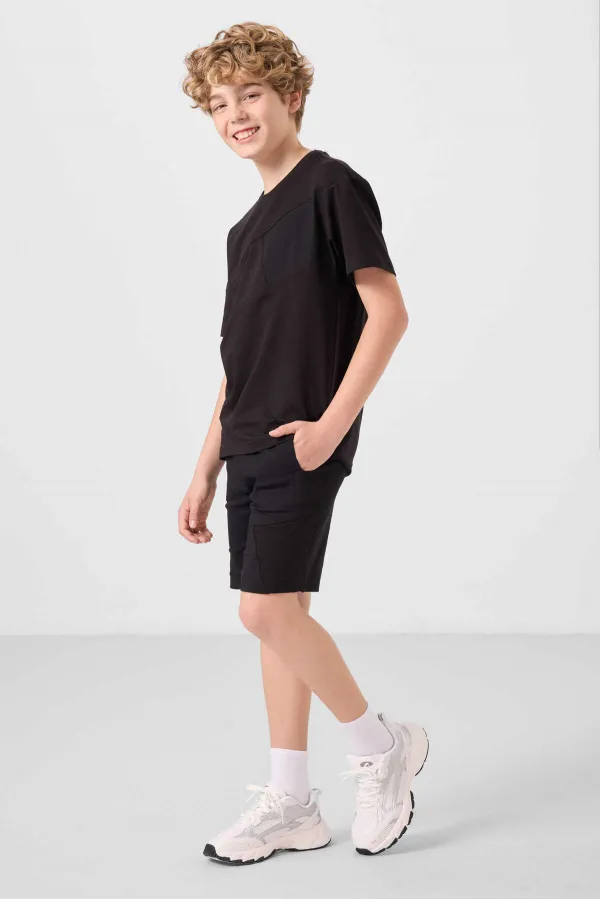 Ensemble short chino garçon Tommylife Wholesale en coton léger et extensible, coupe oversize, noir, réf. 11275