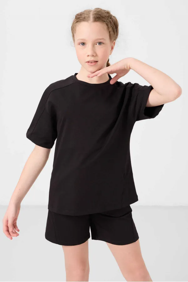 Tommylife Toptan Pamuklu Yumuşak Dokulu Standart Fit Basic Kız Çocuk Şort Takım 75184 Siyah