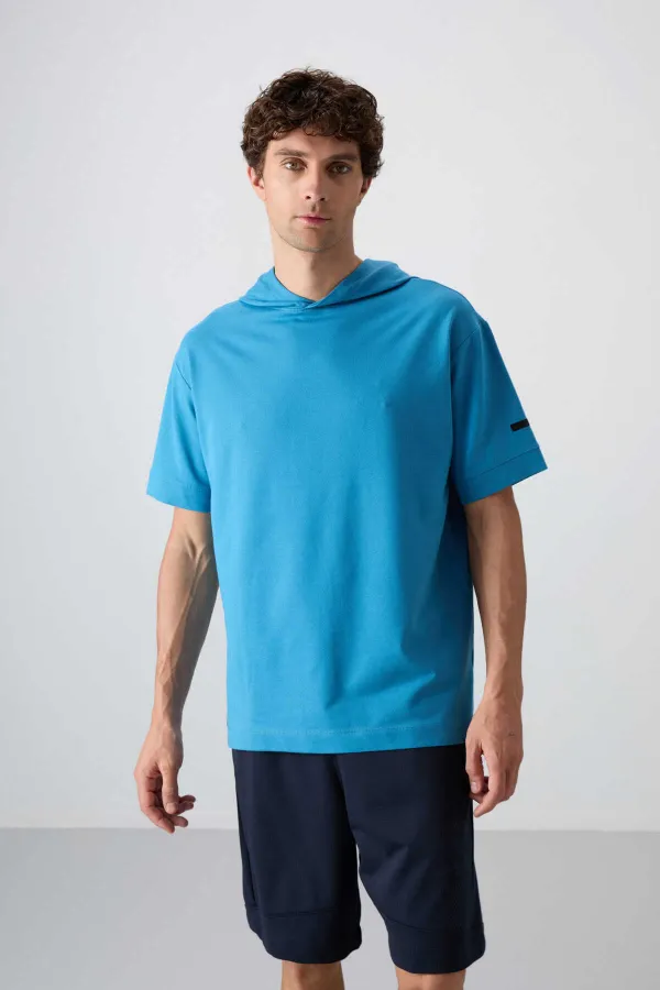 Tommylife Wholesale Hooded Oversize Basic Men's T-Shirt 88352 Petrol Blue