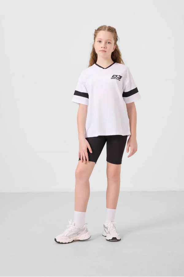 Tommylife Toptan V Yaka Kemer Detaylı Standart Fit Performans Kız Çocuk Tayt Takım 75187 Beyaz Siyah