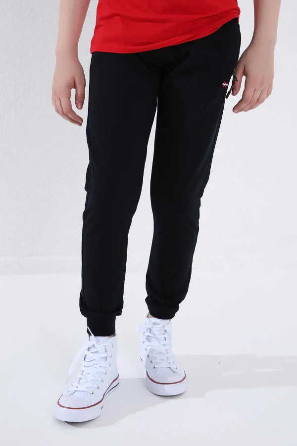 Pantalon de jogging Tommylife bleu marine pour garçon, coupe standard, avec poches zippées et revers - 64042