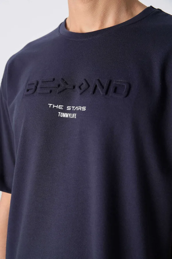 Tommylife Toptan O Yaka Oversize Baskılı Erkek T-Shirt 88328 Lacivert