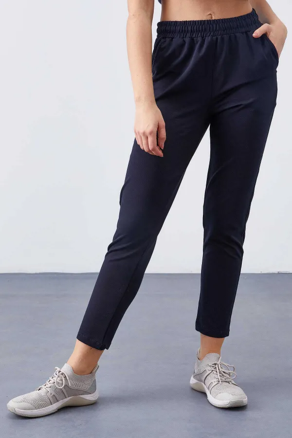 Tommylife Toptan Lacivert Yüksek Bel Jogger Rahat Form Dar Paça Kadın Eşofman Alt - 94566