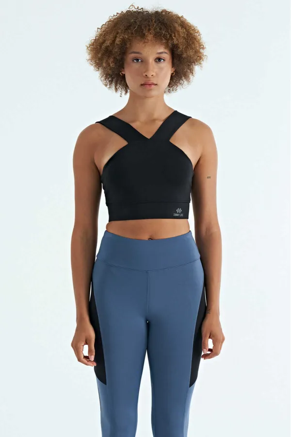 Tommylife Toptan Siyah Logo Baskılı Dar Kalıp Dalgıç Kumaş Kadın Büstiyer - 97259