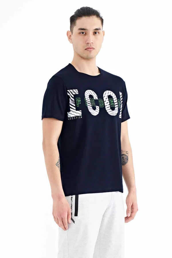 Tommylife Toptan Lacivert Yazı Baskı Detaylı O Yaka Standart Kalıp Erkek T-Shirt - 88187