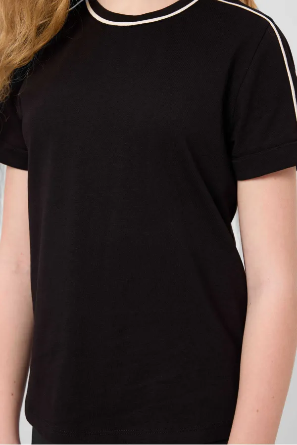 Tommylife Toptan Pamuklu O Yaka Oversize Fit Baskılı Kız Çocuk T Shirt 75177 Siyah