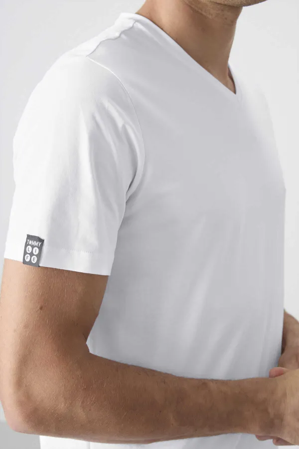 Tommylife Toptan V Yaka Standart Kalıp Basic Erkek T-Shirt 87912 Beyaz
