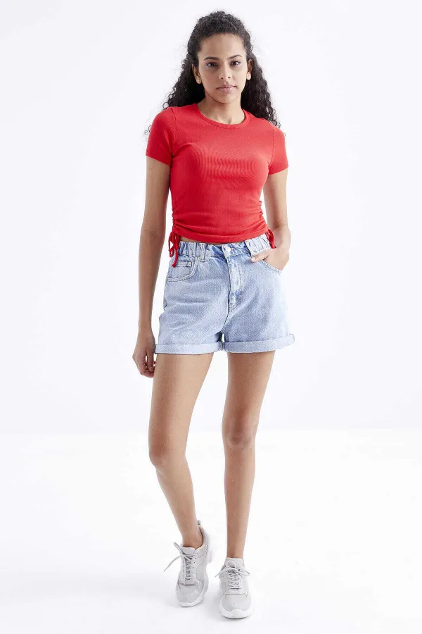 Tommylife Wholesale Pomegranate Blossom Basic Side Gathered O-Neck Women's Crop Top T-Shirt - 97203