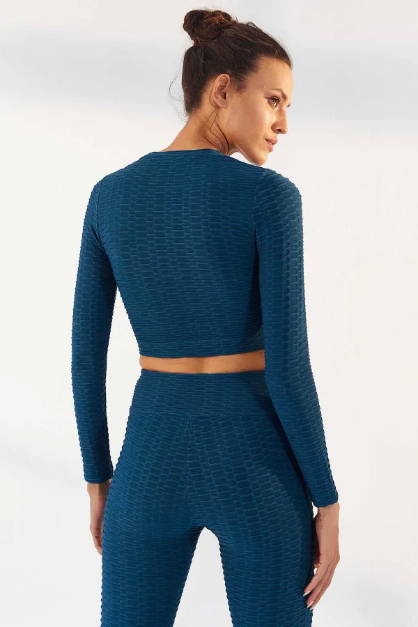 Tommylife Toptan Zümrüt Kendinden Desenli O Yaka Uzun Kol Kadın Crop Top T-Shirt - 97153