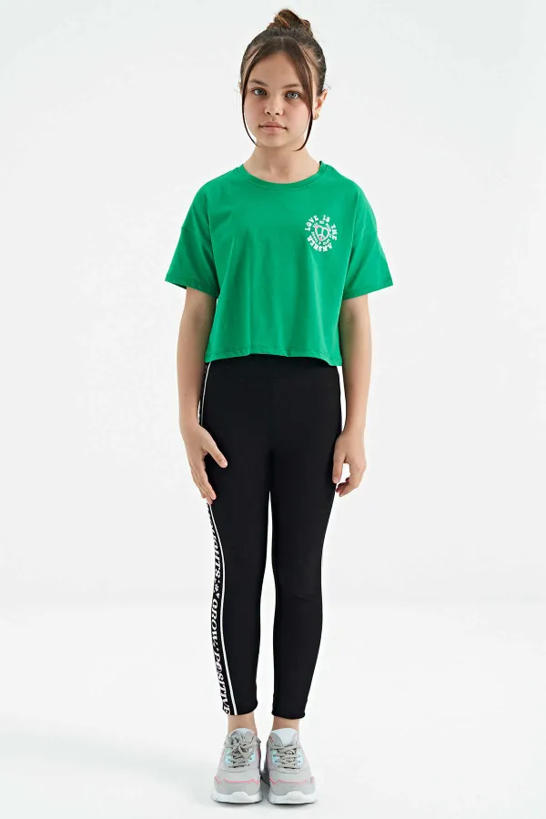 Tommylife Toptan Yeşil Ön Arka Baskılı O Yaka Düşük Omuz Oversize Kısa Kollu Kız Çocuk T-Shirt - 75126