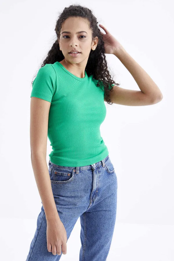 Tommylife Toptan Yeşil Basic Kısa Kol O Yaka Kadın T-Shirt - 97202