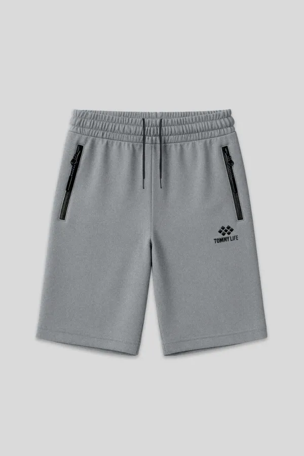 Short homme Tommylife en gros, gris chiné, grande taille, avec poche zippée et coupe standard - 81151