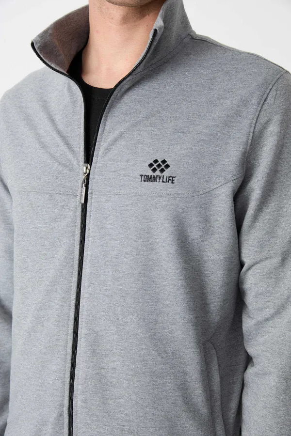 Ensemble de survêtement Tommylife Wholesale pour homme, coupe décontractée, fermeture éclair, sweat-shirt, gris chiné 85072