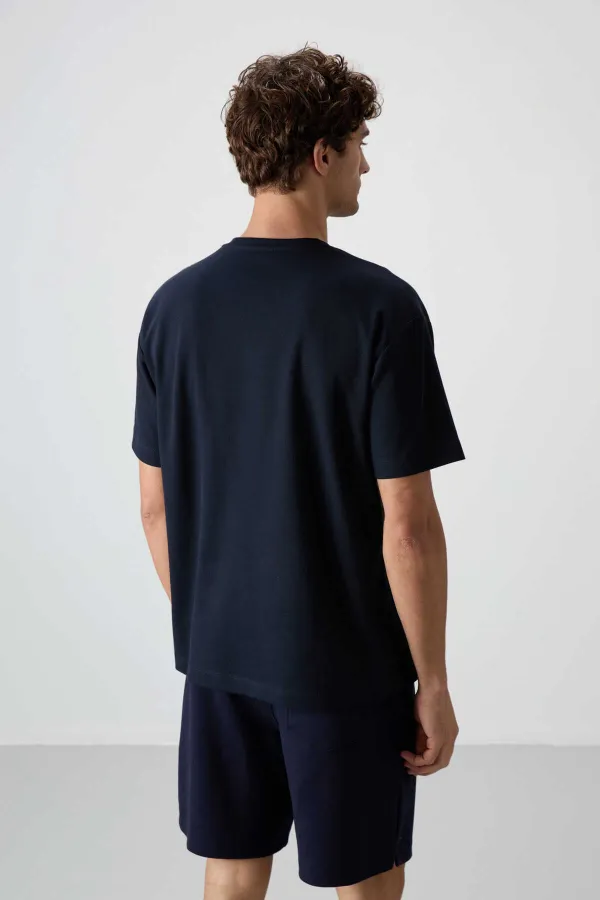 Tommylife Toptan O Yaka Oversize Baskılı Erkek T-Shirt 88365 Lacivert