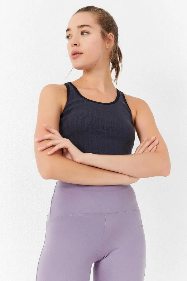 Débardeur court sans manches Tommylife, coupe ajustée, col en U, anthracite, en gros - 97162