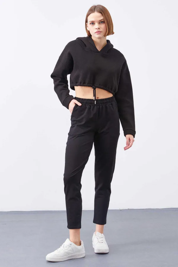 Tommylife Toptan Siyah Yüksek Bel Jogger Rahat Form Dar Paça Kadın Eşofman Alt - 94566