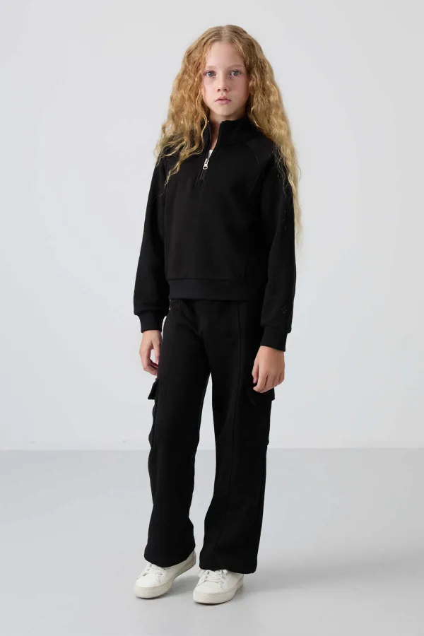 Tommylife Toptan 7-15 Yaş Dik Yaka Standart Kalıp Kız Çocuk Eşofman Takımı 75159 Siyah