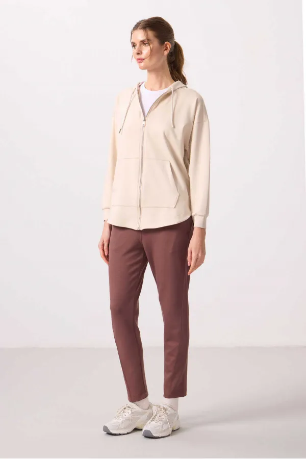 Tommylife Wholesale Soft Texture Hooded Oversize Women's Tunic Sweatshirt - 97302 Beige