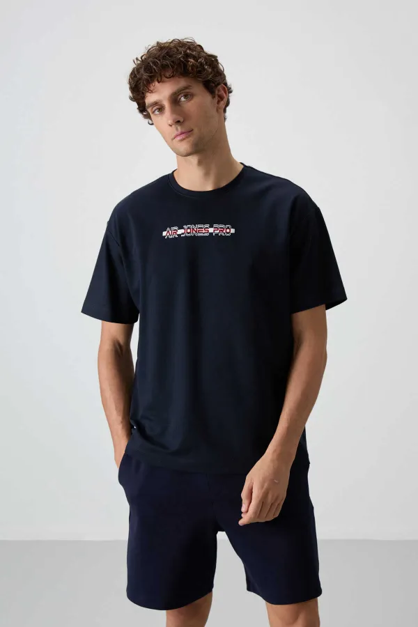 Tommylife Toptan O Yaka Oversize Baskılı Erkek T-Shirt 88365 Lacivert