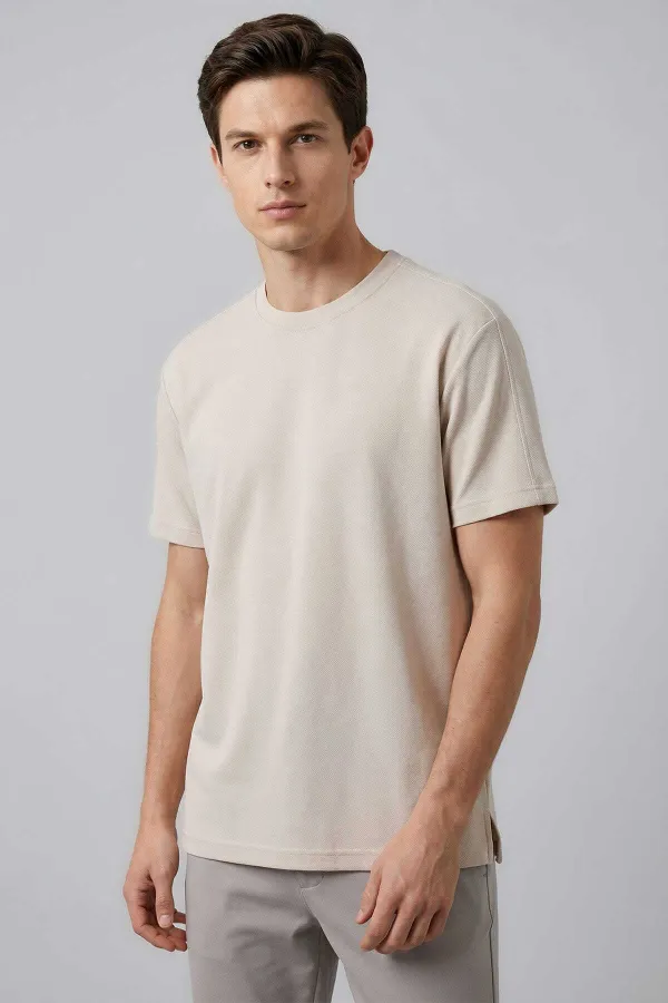 T-shirt homme beige Tommylife Wholesale, coupe confortable, souple et respirant - 88495